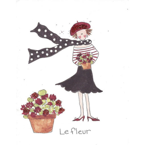 french lady holding flowers next to flower pot