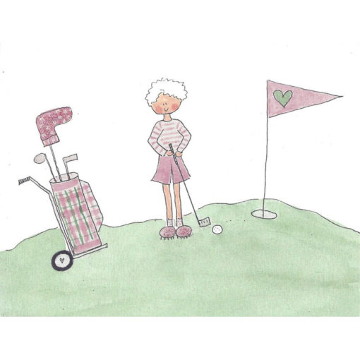 old lady golfing at a hole with a golf bag