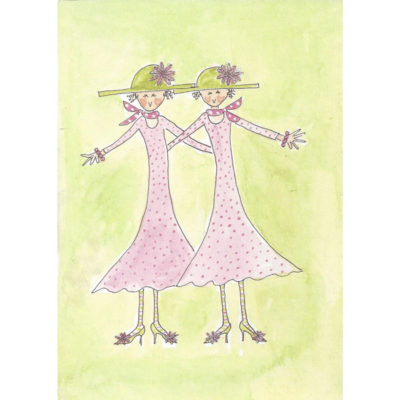 matching ladies in green hats and pink dresses