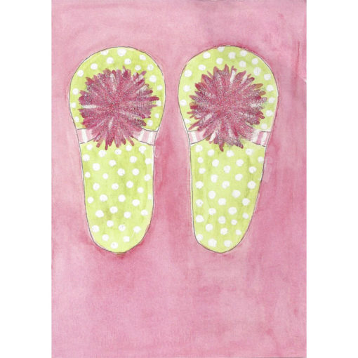 green with white polka dot sandals with pink pom poms