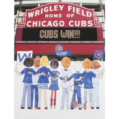 people reading sign at Wrigley field saying cubs win
