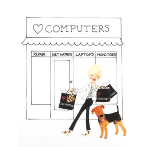 front of shop girl - computer shop card
