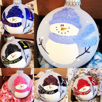 Special snowman customized for your new baby, high school, college, or grade school with your colors and name!