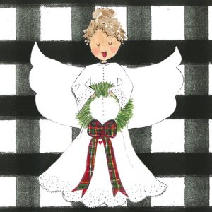 white angel with black plaid background
