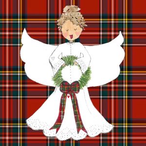 white angel with red plaid background